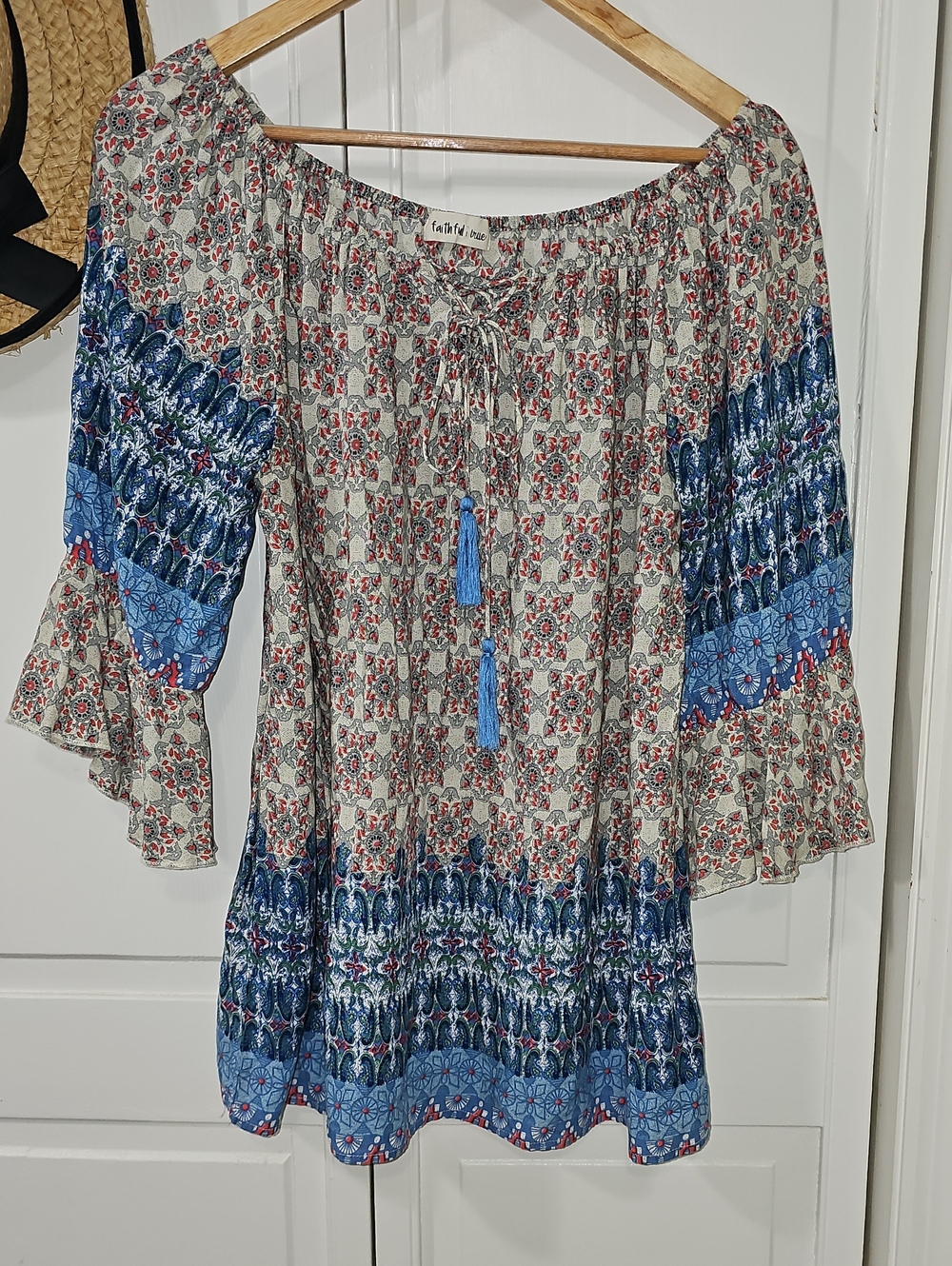 Boho Blue Printed Off-Shoulder Tunic with Tassel Tie